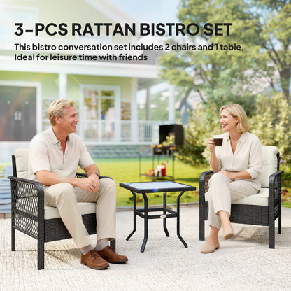 3 Pieces Rattan Bistro Set with Glass Top Coffee Table, Chairs and Cushions for Outdoor, Patio, Balcony, Cream