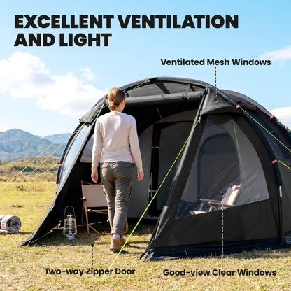 3 Man Tunnel Tent, Two Room Large Camping Tent with Windows, Portable Carry Bag, for Fishing, Hiking, Sports, Festival