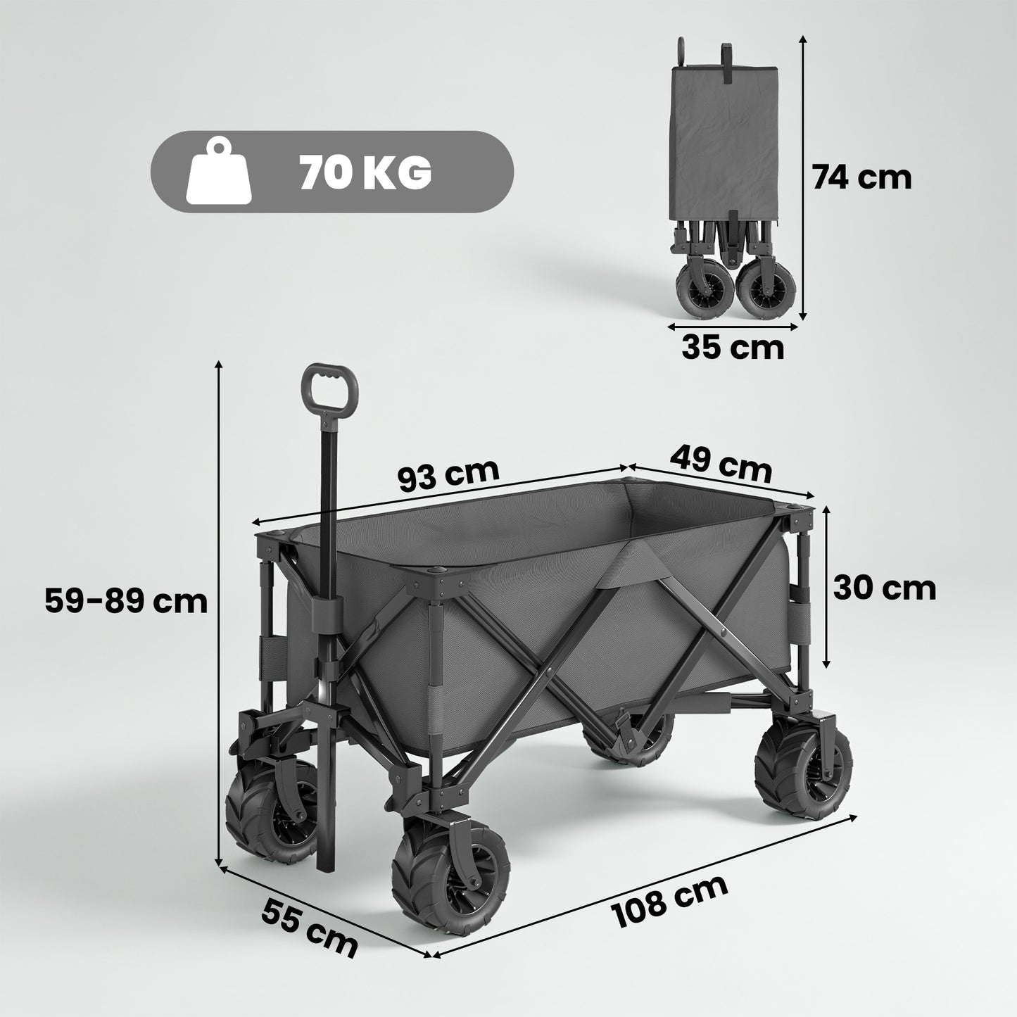 Outdoor Pull Along Cart Folding Cargo Wagon Trailer Trolley for Beach Garden with Handle, Anti-Slip Wheel - Dark Grey
