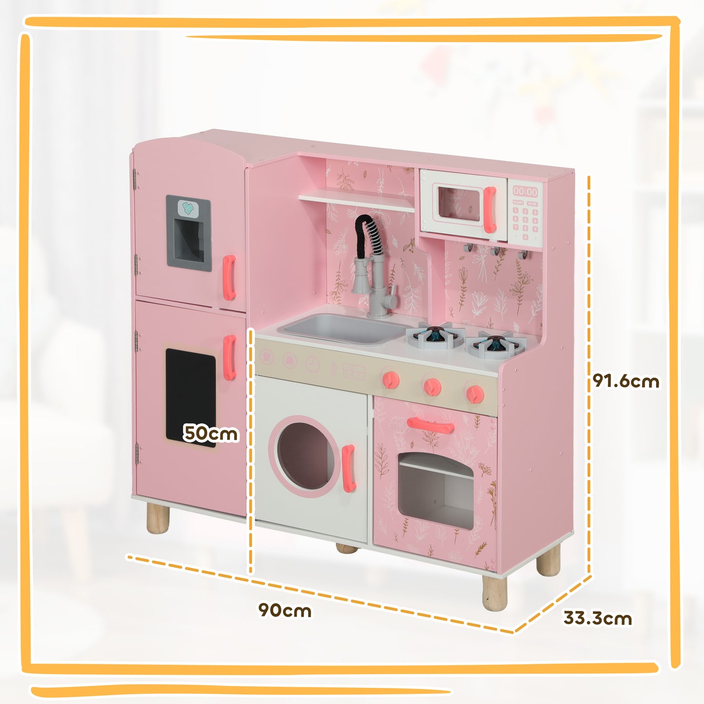 Play Kitchen, Kids Kitchen Set with Lights and Sounds, Double Stoves, Ice Maker, Chalkboard for 3+ Years, Pink