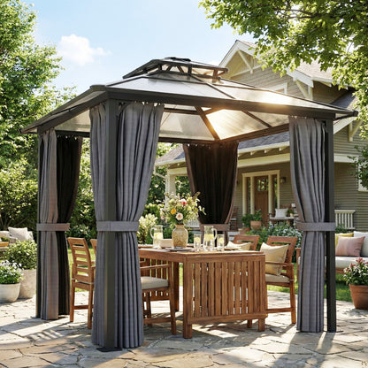 2.5 x 2.5 m Hardtop Gazebo Canopy with Double PC Roof, Drainage Gutters, Garden Gazebo Permanent Pavilion, Dark Grey
