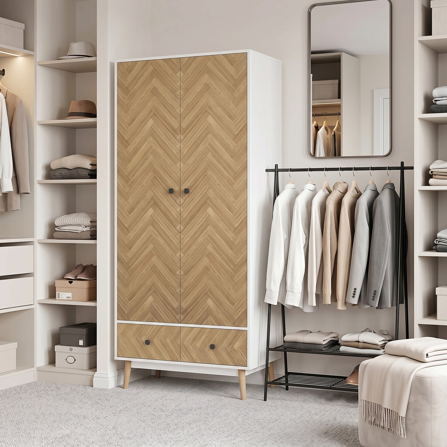 Cabinet Wood-Effect Sticker Surface, Modern Wardrobe with 2 Hanging Rods, 2 Storage Shelves and 2 Drawers, White