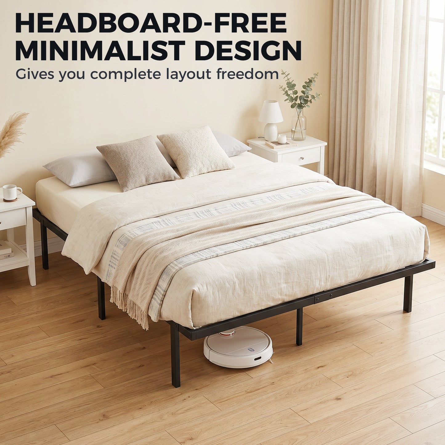 4ft6 Double Bed Frame with Underbed Storage, Metal Platform Bed Frame with Steel Slat Support, No Box Spring Needed