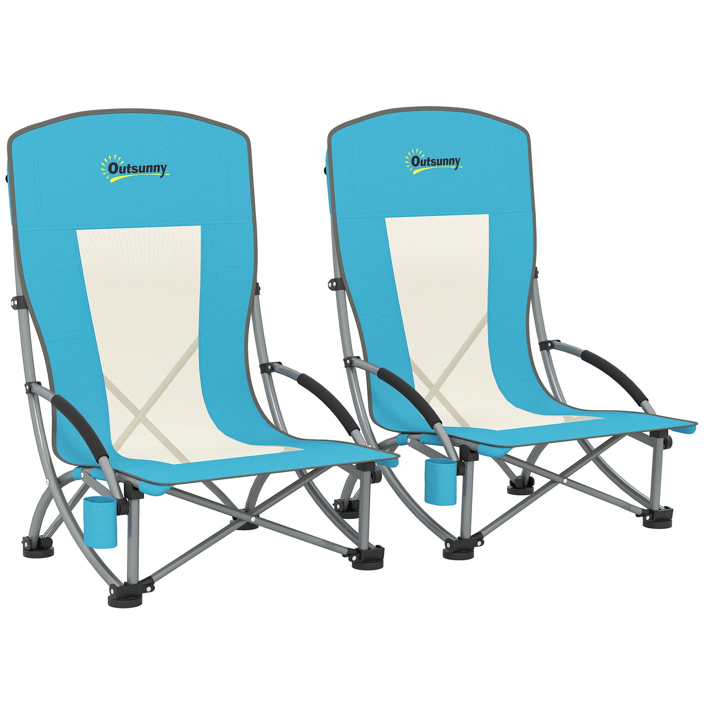 Set of 2 Folding Beach Chair, Low Camping Chair with Mesh Back