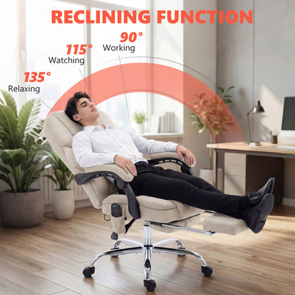 Office Chair with 6-point Vibration Massage and Heat, Fabric Desk Chair with Footrest, High Back, Cream White