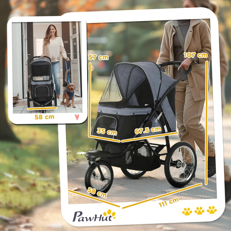 Pet / Dog Stroller - Buggy Pram with Three Wheels, Canopy and Under Netting Storage Compartment - Grey