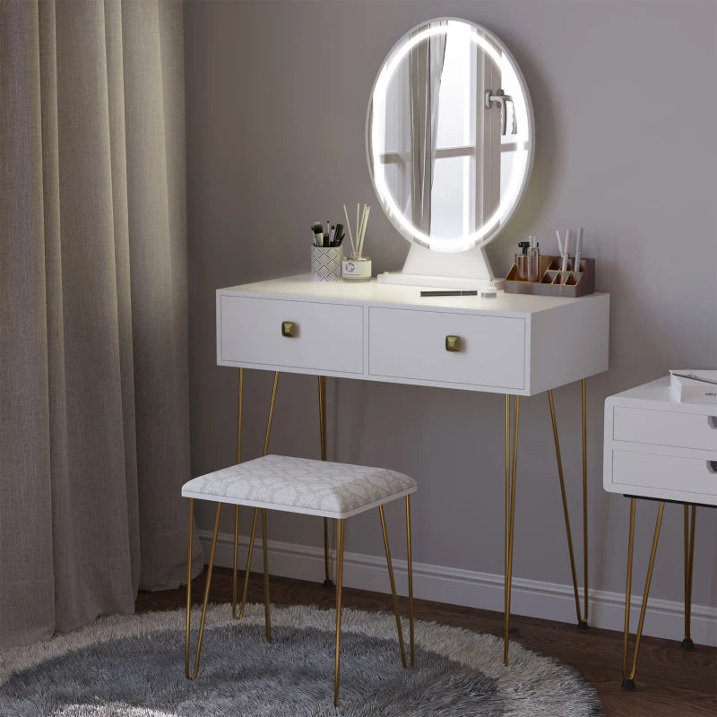 Dressing Table with Built in LED Circular Mirror, 2-Drawer Storage and Cushioned Stool