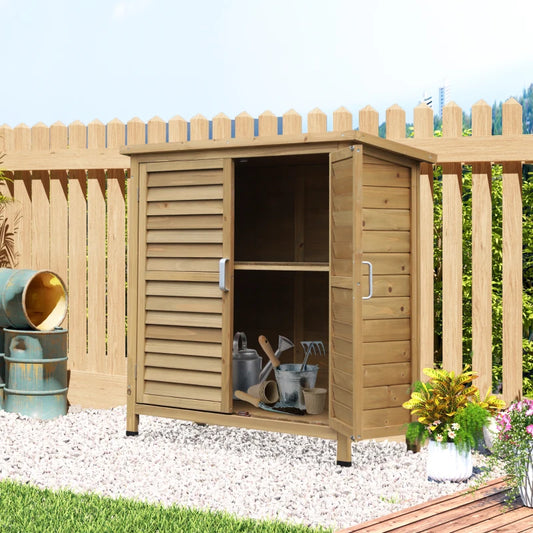 Mid Size - 2 Door Garden Shed / Tool Organiser with 2-Tier Shelving - Natural Wood Effect