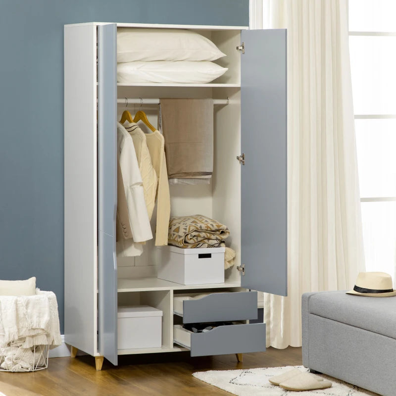 Modern Wardrobe with Handle Cut Outs, Hanging Rail, Underneath Storage Section and 2-Pull Out Drawers - Grey / White