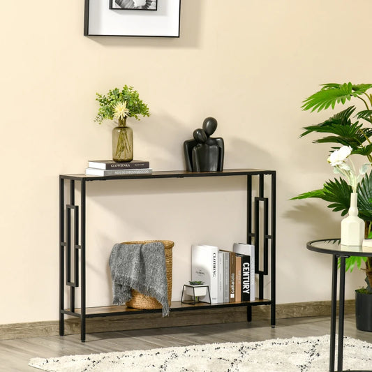 Industrial Style Slim Side Console Table with Metal Frame - Black / Brown Wood Effect