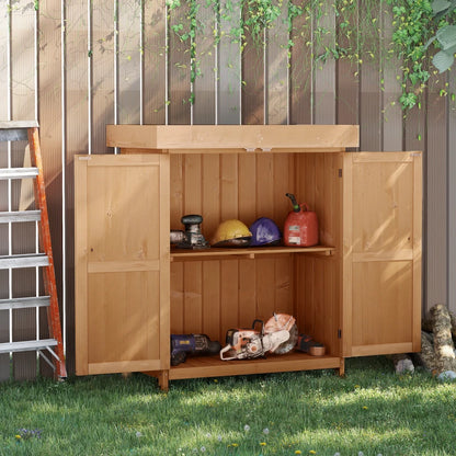 Mid Size Garden Shed with 2-Tier Shelving and Hinged Openable Roof - Natural Brown Wood Effect