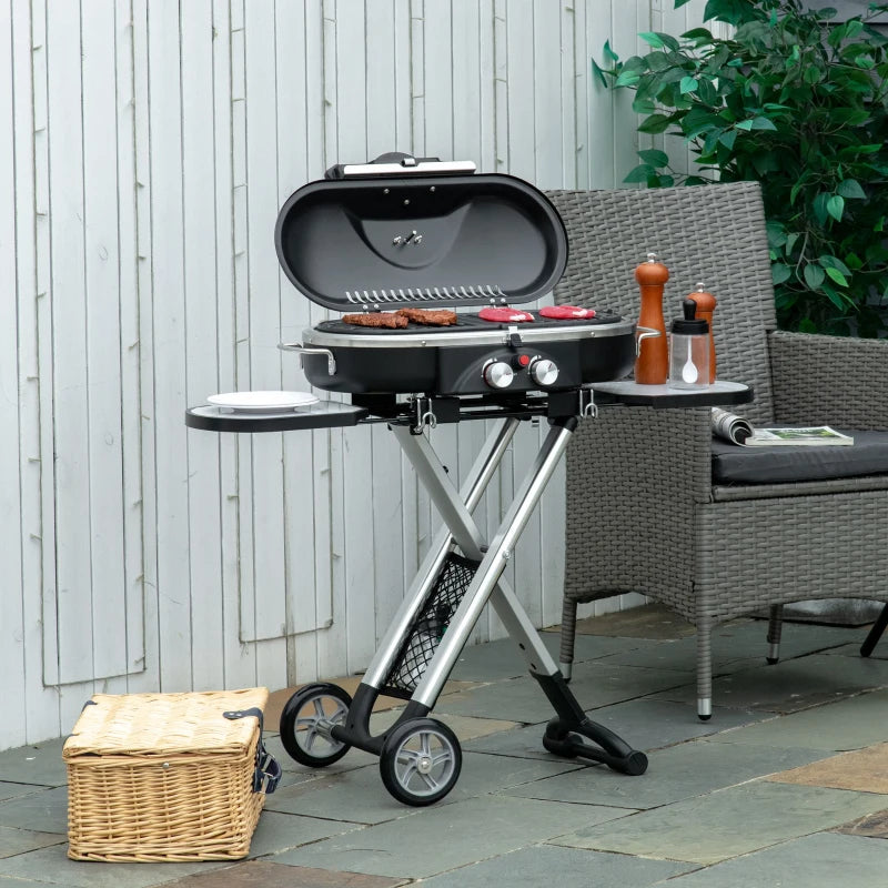 Foldable Gas BBQ Trolley with Side Shelves, Lid, Storage Pocket and Thermometer