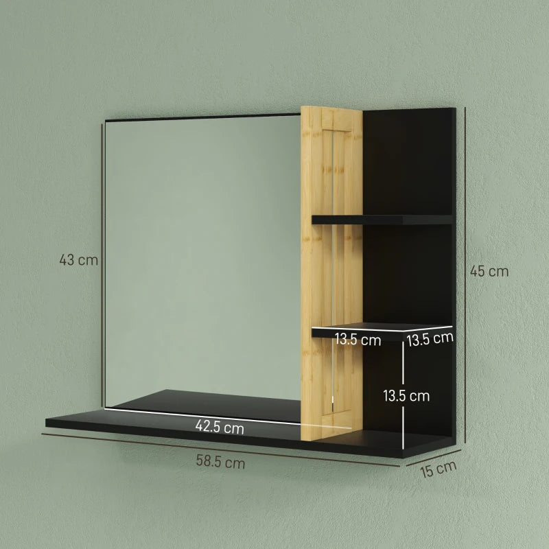 Mounted Wall Mirror with Bamboo Panel Split Open Style 3 Shelf Storage