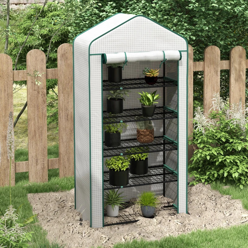 5-Tier Slimline Tall Greenhouse with Roll-Up Door and Wire Shelves - White / Green