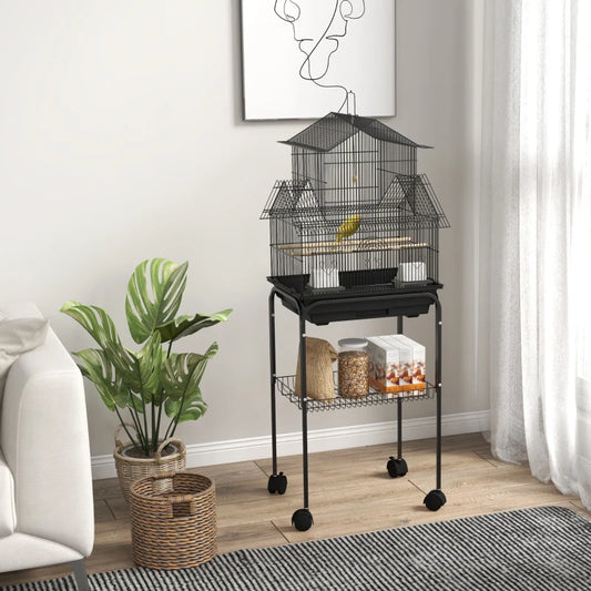 Metal Bird Cage - House Style Design with Swing, Perches, Feeding Cups, Tray - (Stand Included)