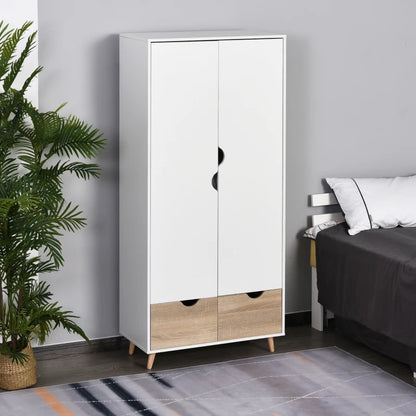 2-Door Wardrobe with Hanger Rail and 2 Underneath Drawers - White / Pine Wood