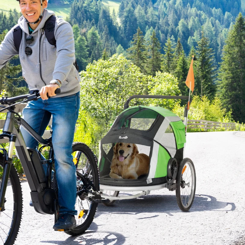 2-in-1 - Dog Bike Trailer / Pet Stroller with Safety Leash and Hitch Coupler - Green