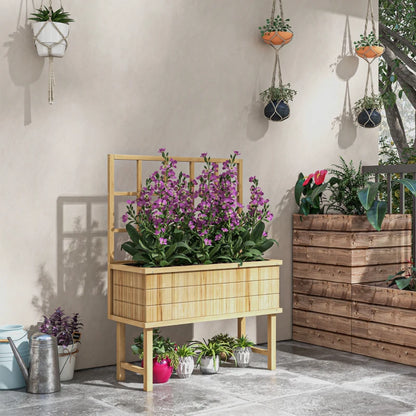 Raised Wooden Garden Planter with Back Trellis - Natural Wood Effect