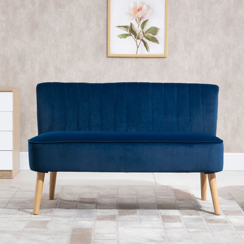 Modern Velvet Double Seat Sofa with Wood Frame Feet - Navy