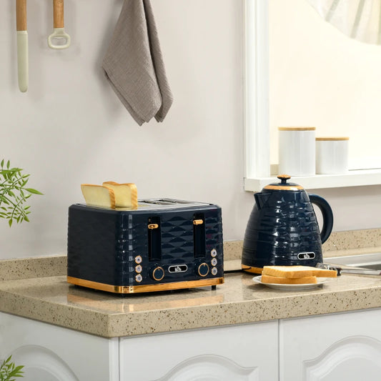 Kettle (1.7L) and Toaster Set with 7 Browning Controls and Crumb Tray (4 Slice) - Navy / Gold