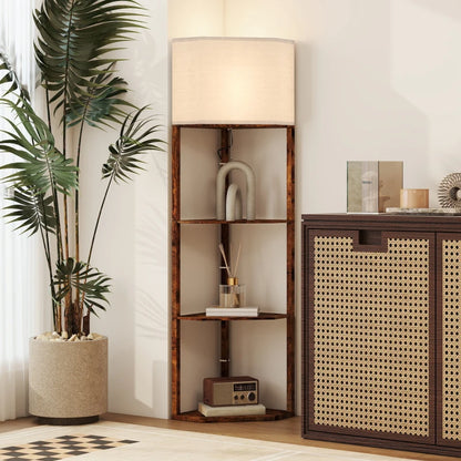 Farmhouse style - Corner Floor Light with 3-Tier Shelving and wood effect