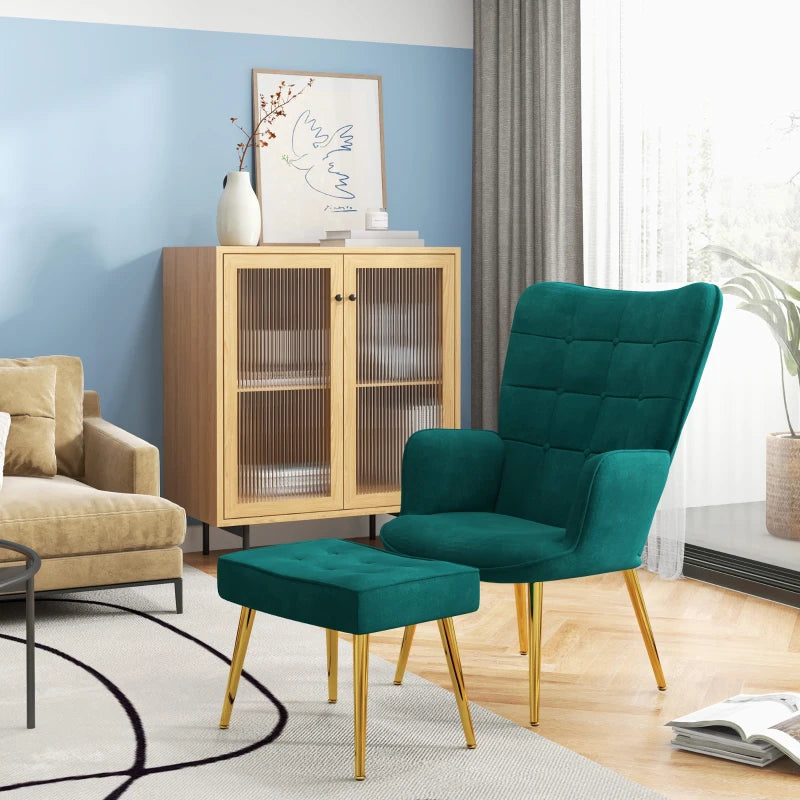 Velvet Wingback Modern Armchair with Footstool Chair with Steel Legs - Emerald