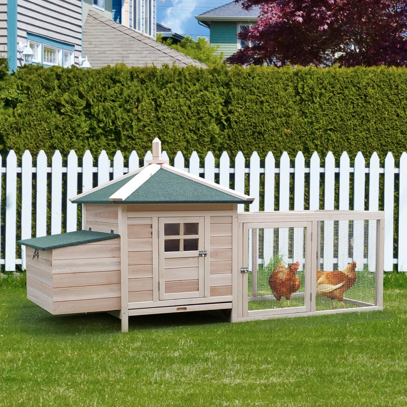 Large Chicken Coop with Outdoor Yard Run and Nesting Boxes - Natural Wood / Green