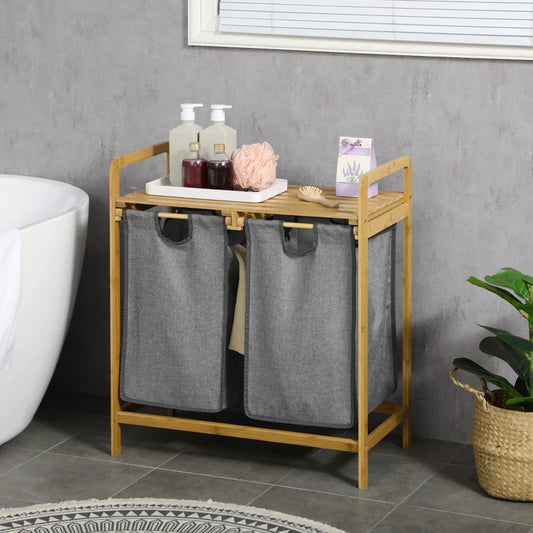 Laundry Organiser - Bamboo Hamper with Shelf & Pull Out Bags