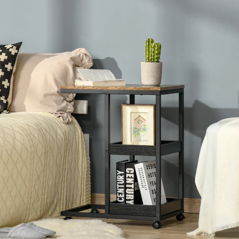 3-Tier C-Shaped Side Table / Bedside Nightstand with 2 Shelves and Laptop Tabletop and Lockable Wheels