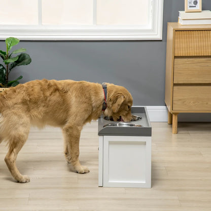 Raised Dog Feeder with 2 Stainless Steel Bowls & 21L Storage Drawer - White