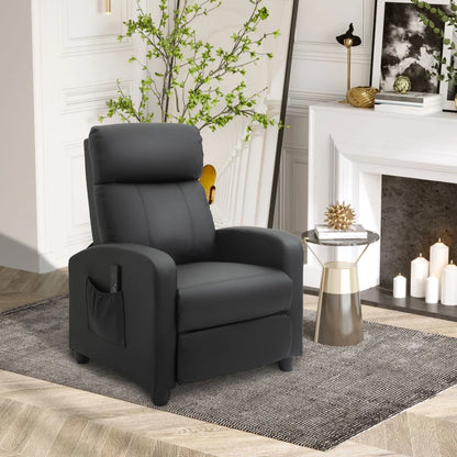 Reclining Massage Function Faux Leather Armchair with Adjustable Leg Rest & Side Pocket - Black