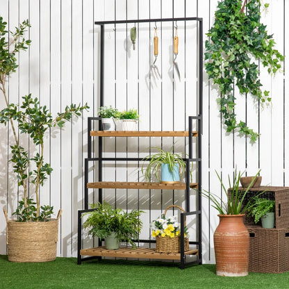 3-Tier Industrial Style Plant Stand / Flower Rack Shelf with Hanging Hooks