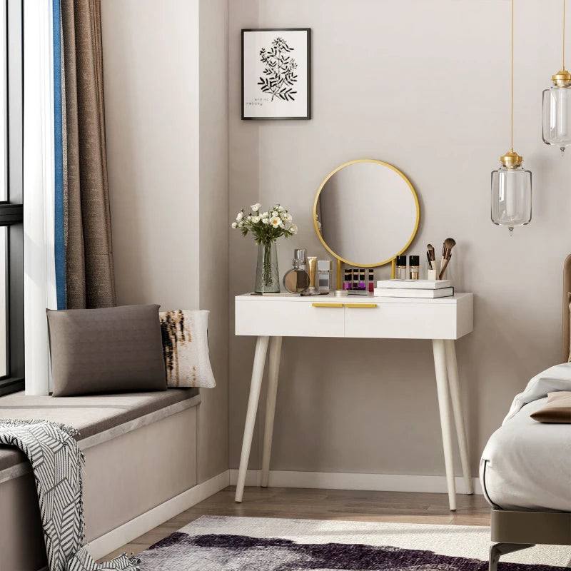 Modern Dressing Table with Gold Tone Circular Mirror and 2-Drawer Storage