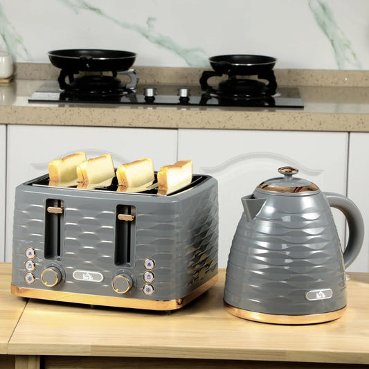 Kettle (1.7L) and Toaster Set with 7 Browning Controls and Crumb Tray (4 Slice) - Grey / Gold