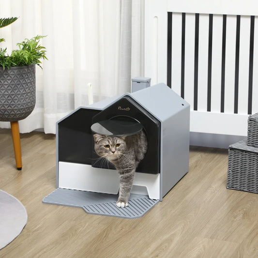 Home Style Cat Litter House Tray with Chimney Filter, Pull Out Tray and Front Door - Grey