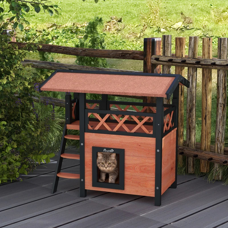 Cat House with Roofed Balcony Area & Stairs and Under House - Brown