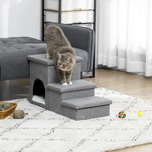 3-Step Pet Stairs for Miniature Dogs or Cats with Hidden Storage Compartments and Built in House