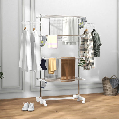 4-Shelf Collapsing Clothes Horse / Airer with Side Arms and Wheels