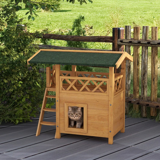 Cat House with Roofed Balcony Area & Stairs and Under House - Natural Wood