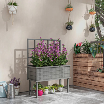 Raised Wooden Garden Planter with Back Trellis - Grey