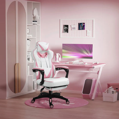 Computer Gaming Chair with Lumbar Support and Footrest - Pink / White