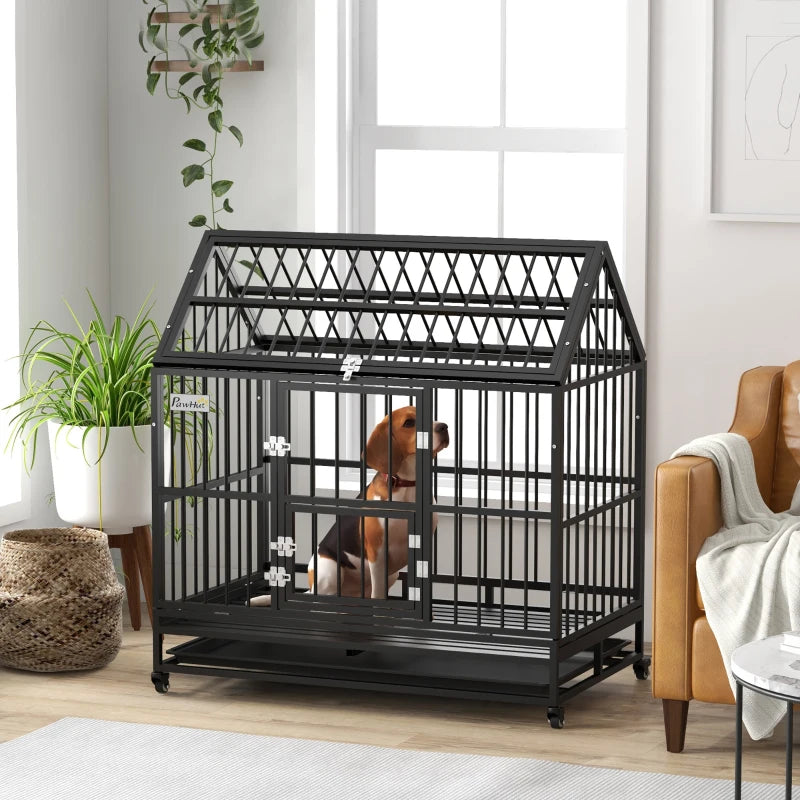 48" Heavy Duty Black Steel Dog Crate on Wheels with Pull Out Removable Tray and Openable Roof