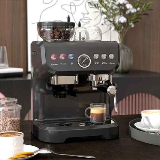 Coffee Machine with Adjustable Grind, Steamer and Accessories