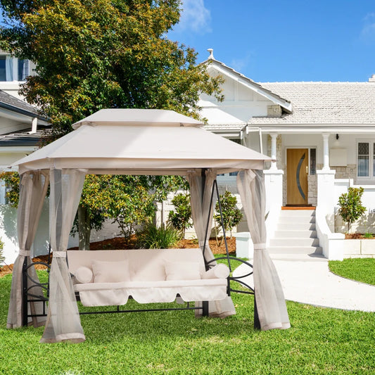 2-in-1 - 3 Seater Convertible Bed / Gazebo Swing Chair with Double Tier Canopy, Cushioned Seat and Mesh Sidewalls - White