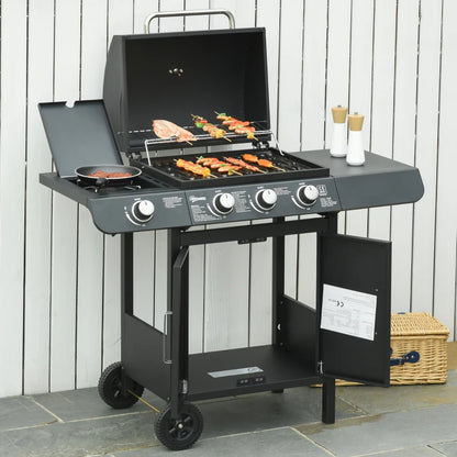 3 Burner Gas Grill + 1 Burner Side Stove Top with Side Shelves and Warming Rack