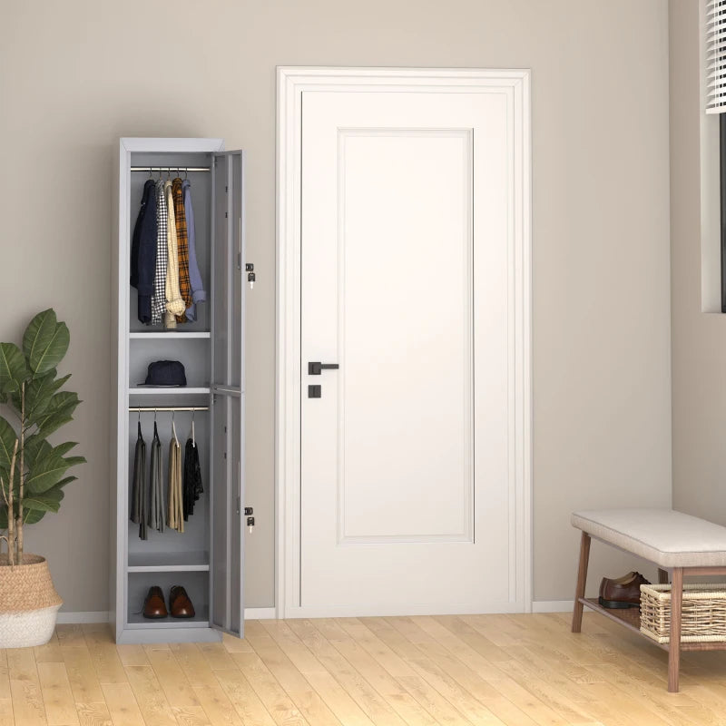 Lockable Tall Locker Style Wardrobe Cabinet with Hanging Area and Shelf Storage