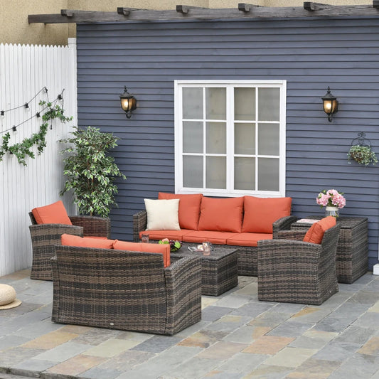 Outdoor Rattan Wicker Garden Furniture Set with Storage Table and Cushions - 6 Pieces - Orange