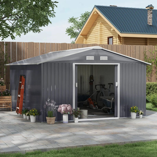 Galvanised Steel Garden Shed with Ventilation Slots, Foundation Kit and Lockable Double Doors- (13 x 11Ft)