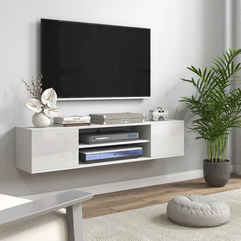 White - Floating Media Center / TV Stand with Open Shelving and Storage Cupboards