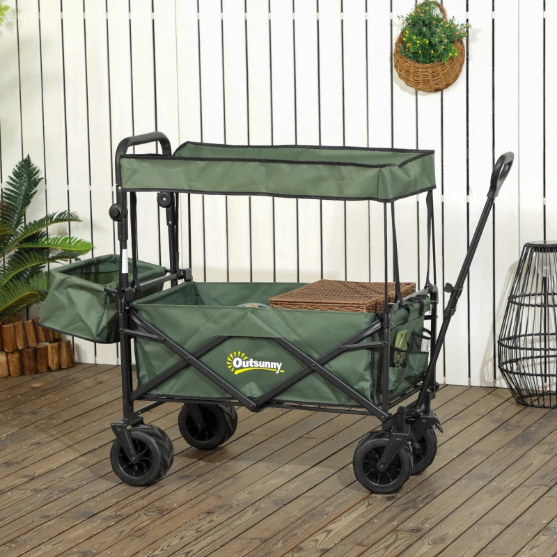 Folding Trolley Cart - Storage Wagon with Canopy & Handle - Green